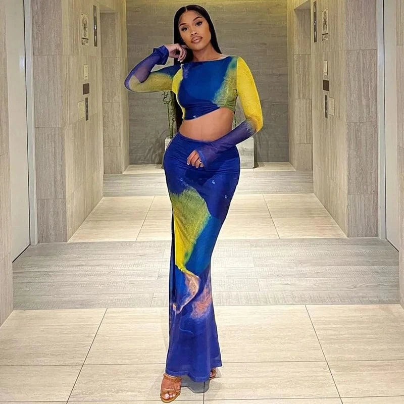 Bomblook C305ST06 Mesh Outfits Elegant Irregular Top With Midi Flare Skirts Set Women Color Block Print Women Two Piece Set 2024