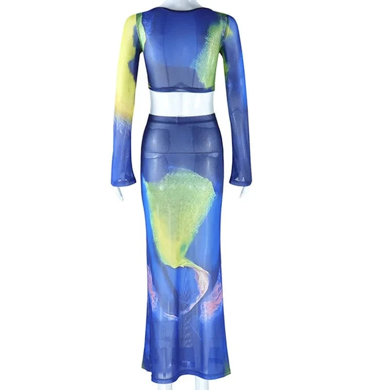 Bomblook C305ST06 Mesh Outfits Elegant Irregular Top With Midi Flare Skirts Set Women Color Block Print Women Two Piece Set 2024