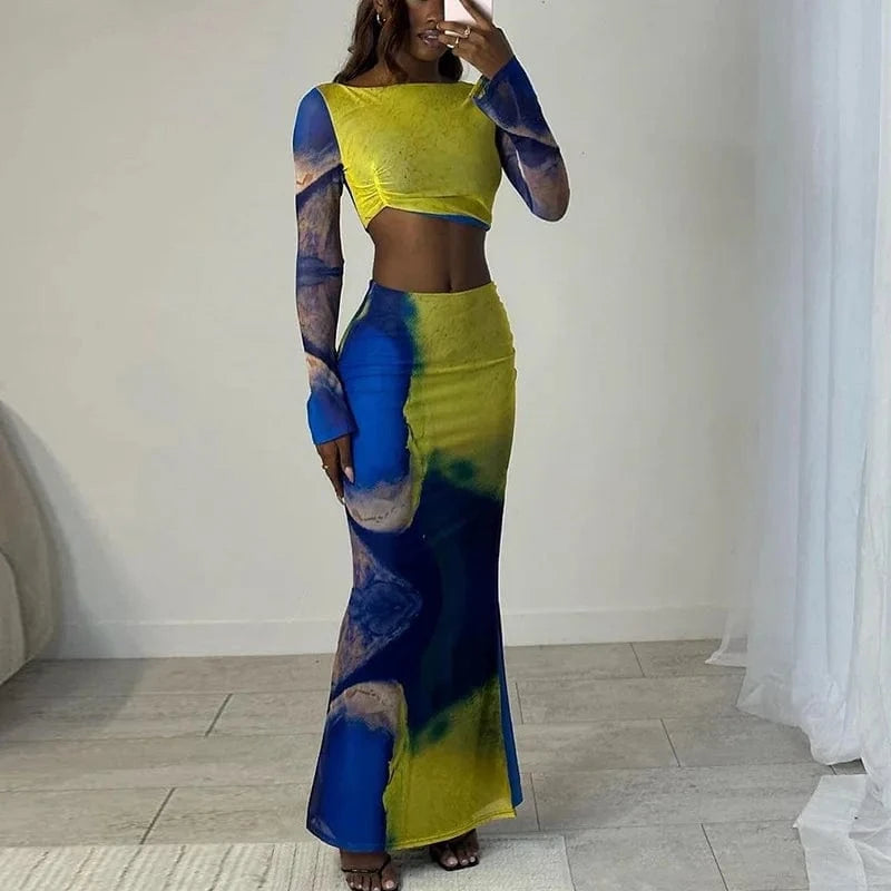 Bomblook C305ST06 Mesh Outfits Elegant Irregular Top With Midi Flare Skirts Set Women Color Block Print Women Two Piece Set 2024