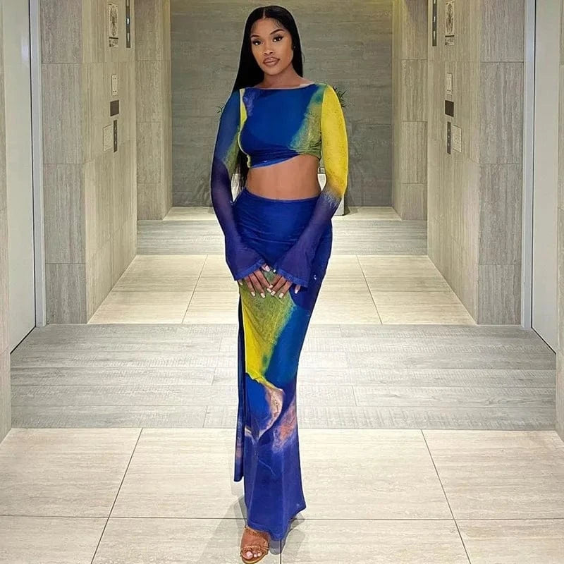 Bomblook C305ST06 Mesh Outfits Elegant Irregular Top With Midi Flare Skirts Set Women Color Block Print Women Two Piece Set 2024