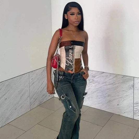 Bomblook C313TP PU Outfits Strapless Corset 2024 Y2K Color Blocking Corset Casual Wear Tank Tops For Women