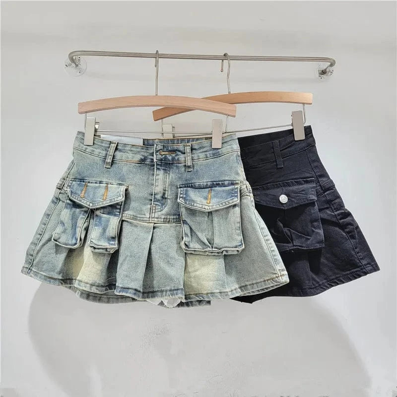 Bomblook C315SK01 High Waist Denim Washed Solid Ladies'Skirt Short Pockets Pleated Skirt Denim Skorts For Women