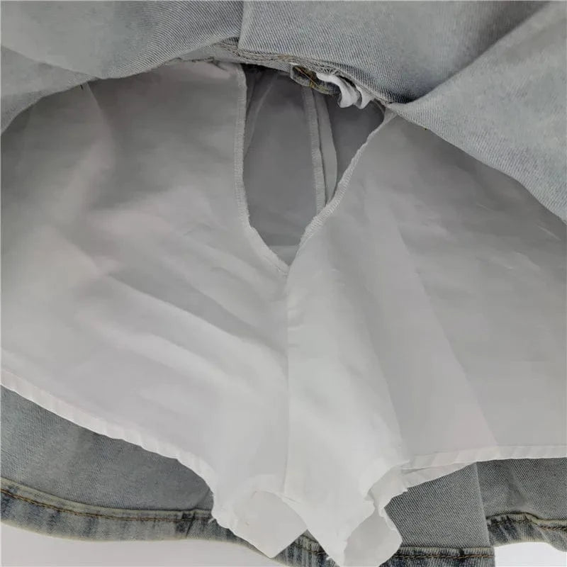 Bomblook C315SK01 High Waist Denim Washed Solid Ladies'Skirt Short Pockets Pleated Skirt Denim Skorts For Women
