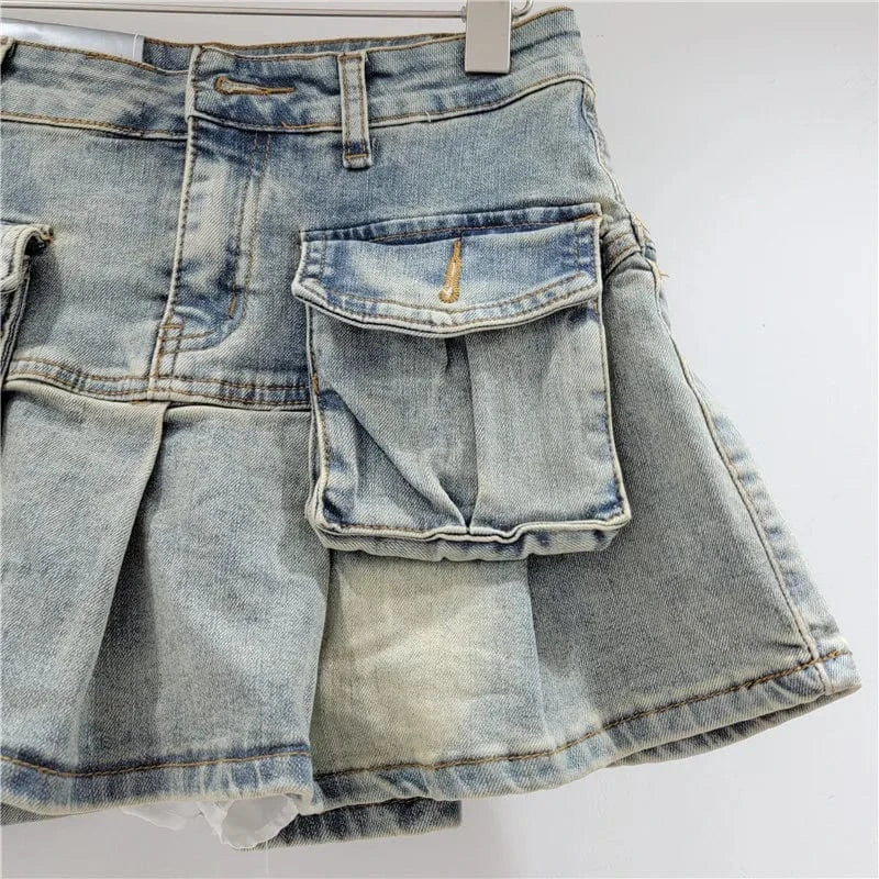 Bomblook C315SK01 High Waist Denim Washed Solid Ladies'Skirt Short Pockets Pleated Skirt Denim Skorts For Women