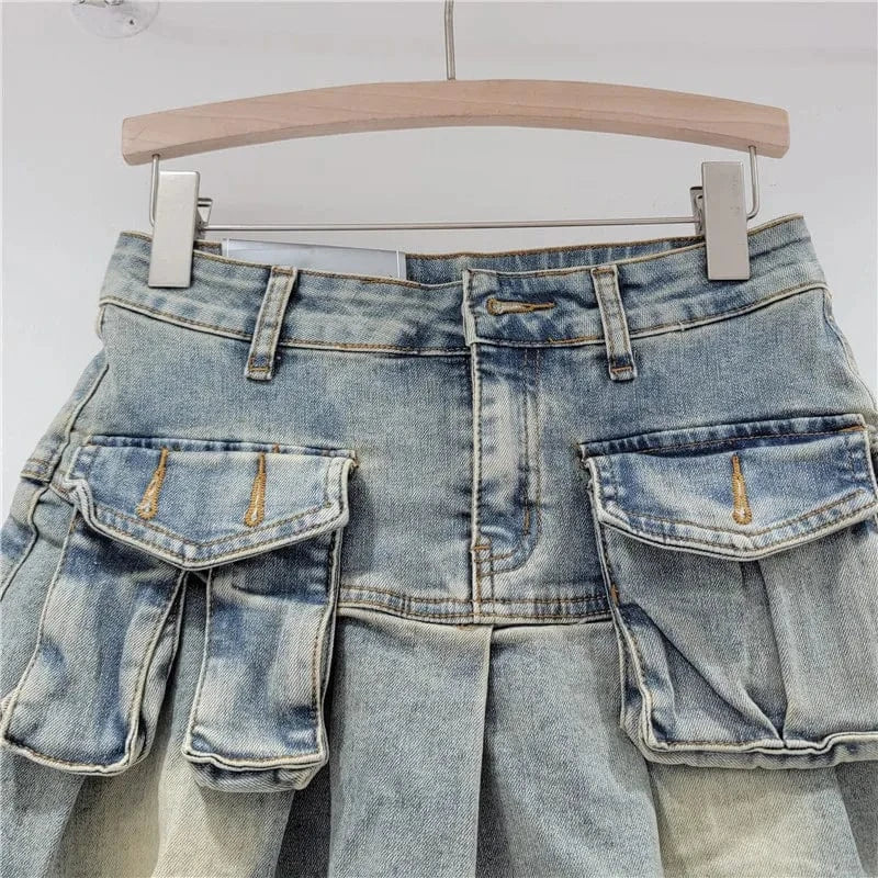 Bomblook C315SK01 High Waist Denim Washed Solid Ladies'Skirt Short Pockets Pleated Skirt Denim Skorts For Women