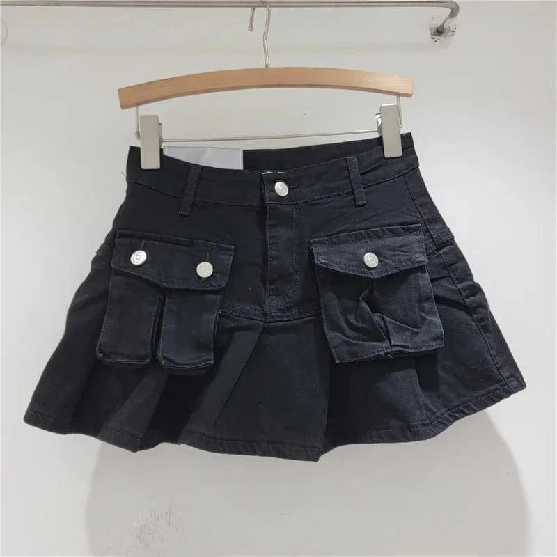 Bomblook C315SK01 High Waist Denim Washed Solid Ladies'Skirt Short Pockets Pleated Skirt Denim Skorts For Women