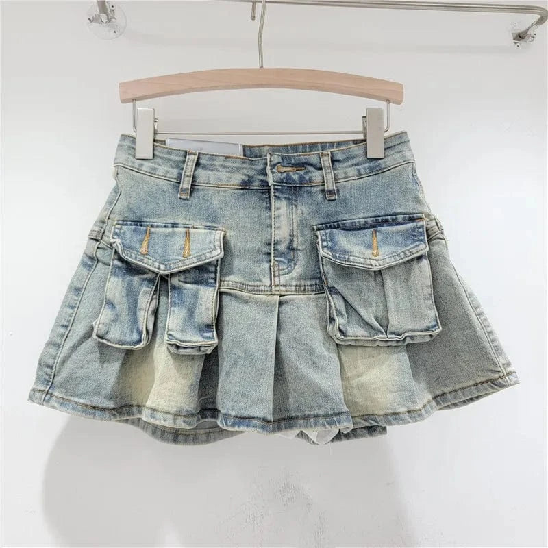 Bomblook C315SK01 High Waist Denim Washed Solid Ladies'Skirt Short Pockets Pleated Skirt Denim Skorts For Women