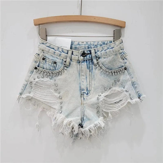 Bomblook C316PT 2024 Summer Ripped Shorts Denim Patchwork High Waist Shorts For Women Diamond Jean Shorts With Pockets