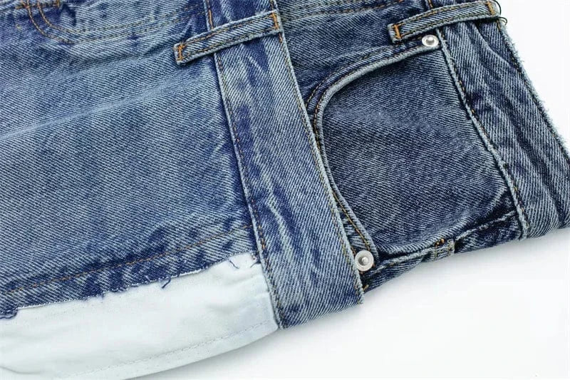 Bomblook C316SK Designer Charm Denim Mini Skirt Double Belt Denim High Waist Patchwork Plaid A Line Skirt Ladies Skirts 2024