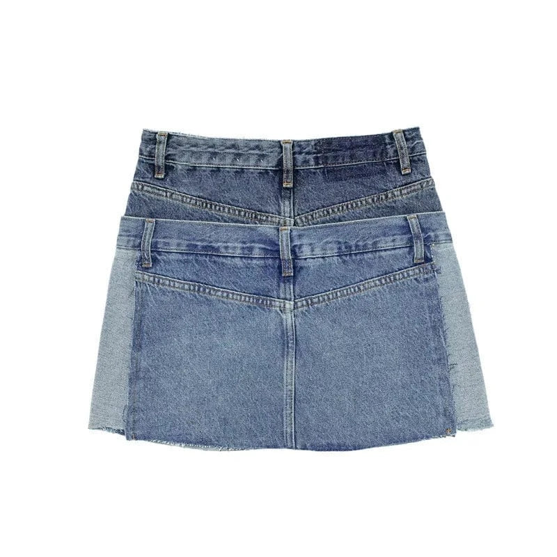 Bomblook C316SK Designer Charm Denim Mini Skirt Double Belt Denim High Waist Patchwork Plaid A Line Skirt Ladies Skirts 2024