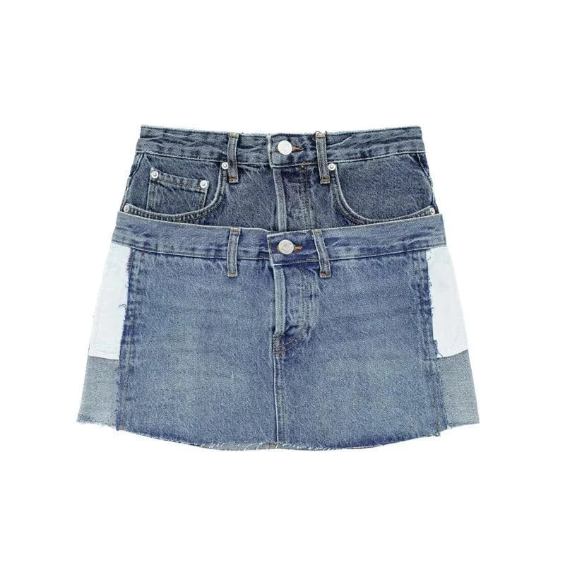 Bomblook C316SK Designer Charm Denim Mini Skirt Double Belt Denim High Waist Patchwork Plaid A Line Skirt Ladies Skirts 2024