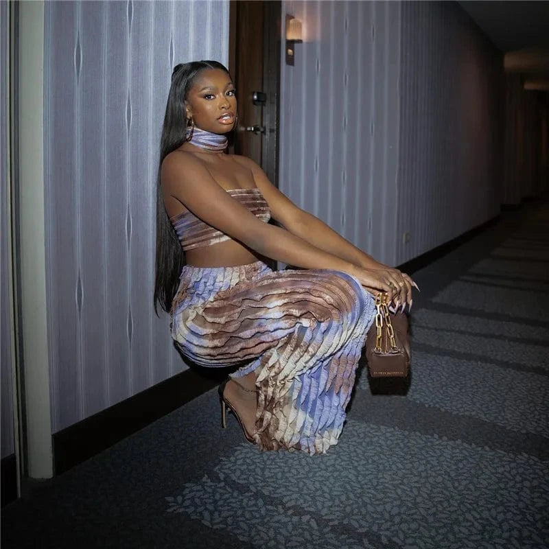 Bomblook C316ST Ruffle Outfits Halter Crop Top With High Waist Skirts Holiday Three Piece Set Women Sets Women 2024 3 Piece Set