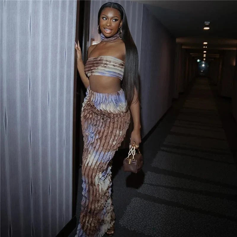 Bomblook C316ST Ruffle Outfits Halter Crop Top With High Waist Skirts Holiday Three Piece Set Women Sets Women 2024 3 Piece Set