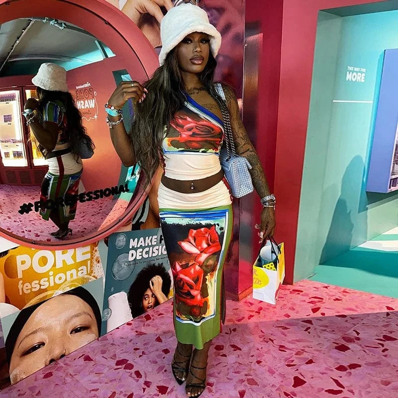 Bomblook C316ST02 Irregular Shoulder Outfits Slim Top With Midi Slit Skirt Women Two Pieces Skirts Sets Summer Printed Outfit