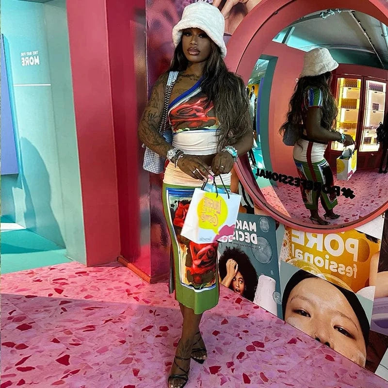 Bomblook C316ST02 Irregular Shoulder Outfits Slim Top With Midi Slit Skirt Women Two Pieces Skirts Sets Summer Printed Outfit