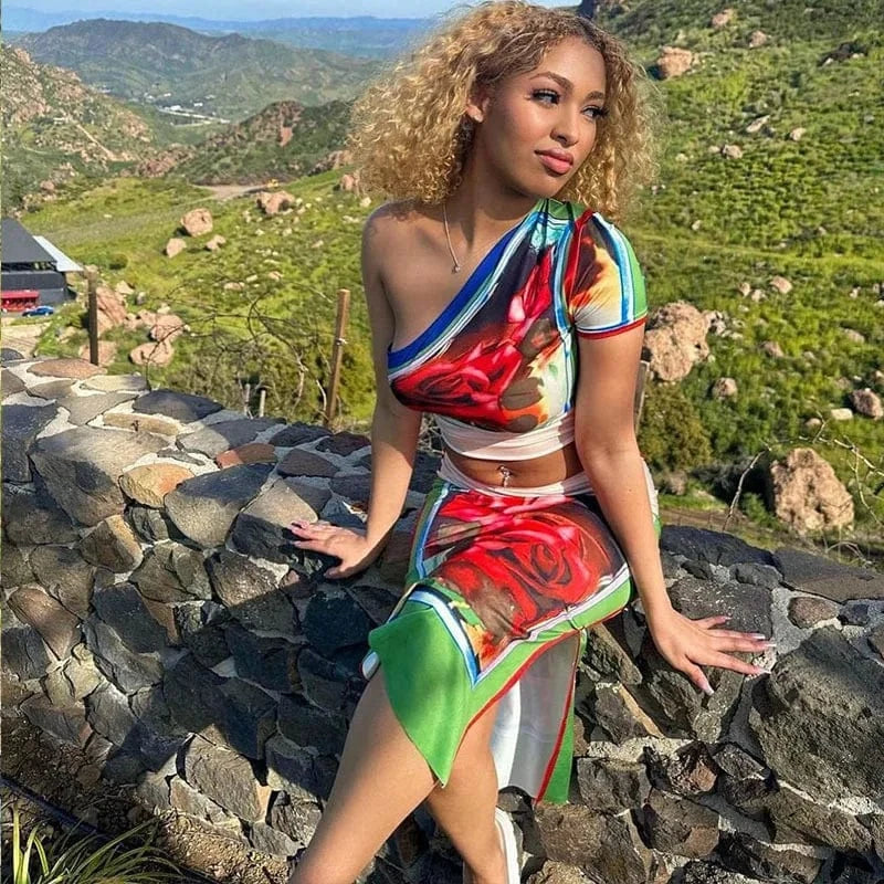 Bomblook C316ST02 Irregular Shoulder Outfits Slim Top With Midi Slit Skirt Women Two Pieces Skirts Sets Summer Printed Outfit