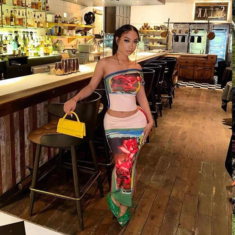 Bomblook C316ST02 Irregular Shoulder Outfits Slim Top With Midi Slit Skirt Women Two Pieces Skirts Sets Summer Printed Outfit