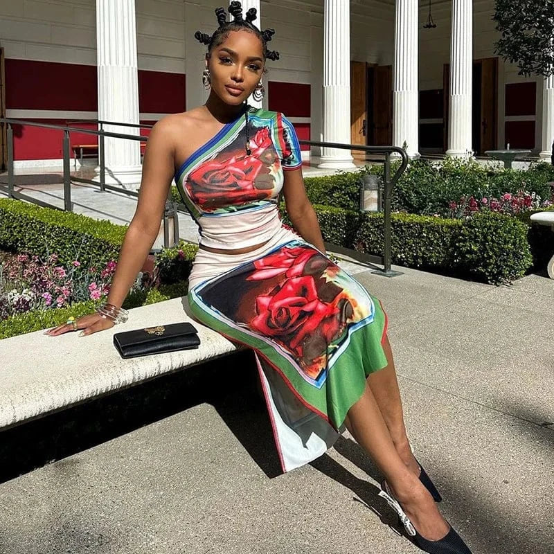 Bomblook C316ST02 Irregular Shoulder Outfits Slim Top With Midi Slit Skirt Women Two Pieces Skirts Sets Summer Printed Outfit