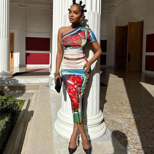 Bomblook C316ST02 Irregular Shoulder Outfits Slim Top With Midi Slit Skirt Women Two Pieces Skirts Sets Summer Printed Outfit