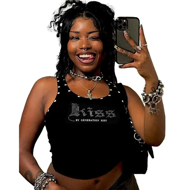 Bomblook C319TP01 Punk Style Kiss Rhinestone Tube Top Slim Fit Baby Tees Summer Beading Tank Top For Women 2024 Summer