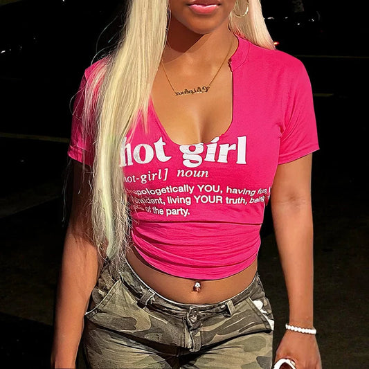 Bomblook C319TP03 2024 Summer Notched Neck Hot Girl Letter Print T Shirt Crop Top Women Tees Ladies Casual Short Sleeve Tees