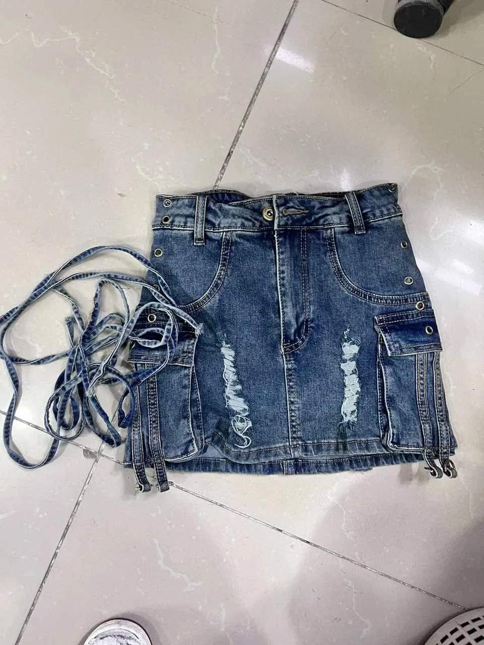 Bomblook C320SK Vintage Washed High Waist Denim Mini Skirt Pockets Denim Cargo Skirt With String Ladies Denim Skirt