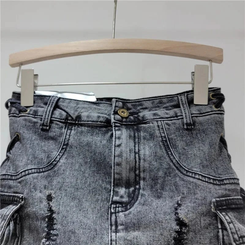 Bomblook C320SK Vintage Washed High Waist Denim Mini Skirt Pockets Denim Cargo Skirt With String Ladies Denim Skirt