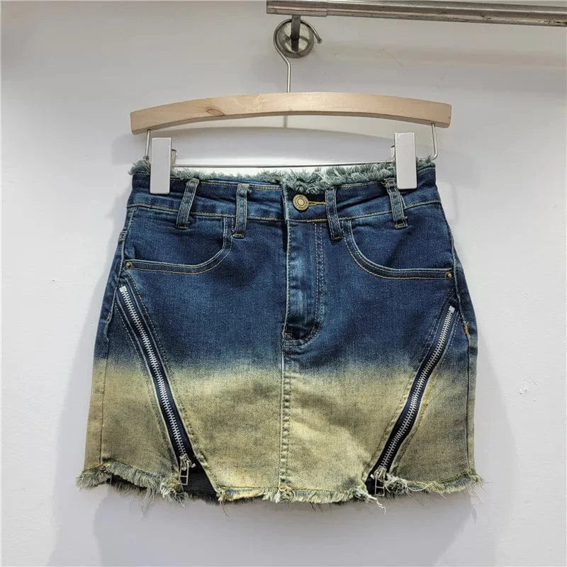 Bomblook C320SK01 Tie Dye Washed New Denim Mini Ripped Skirts Shorts Double Zipper Jeans Low Waist Ladies Charm Skorts