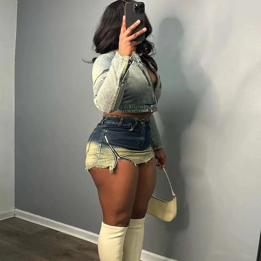 Bomblook C320SK01 Tie Dye Washed New Denim Mini Ripped Skirts Shorts Double Zipper Jeans Low Waist Ladies Charm Skorts
