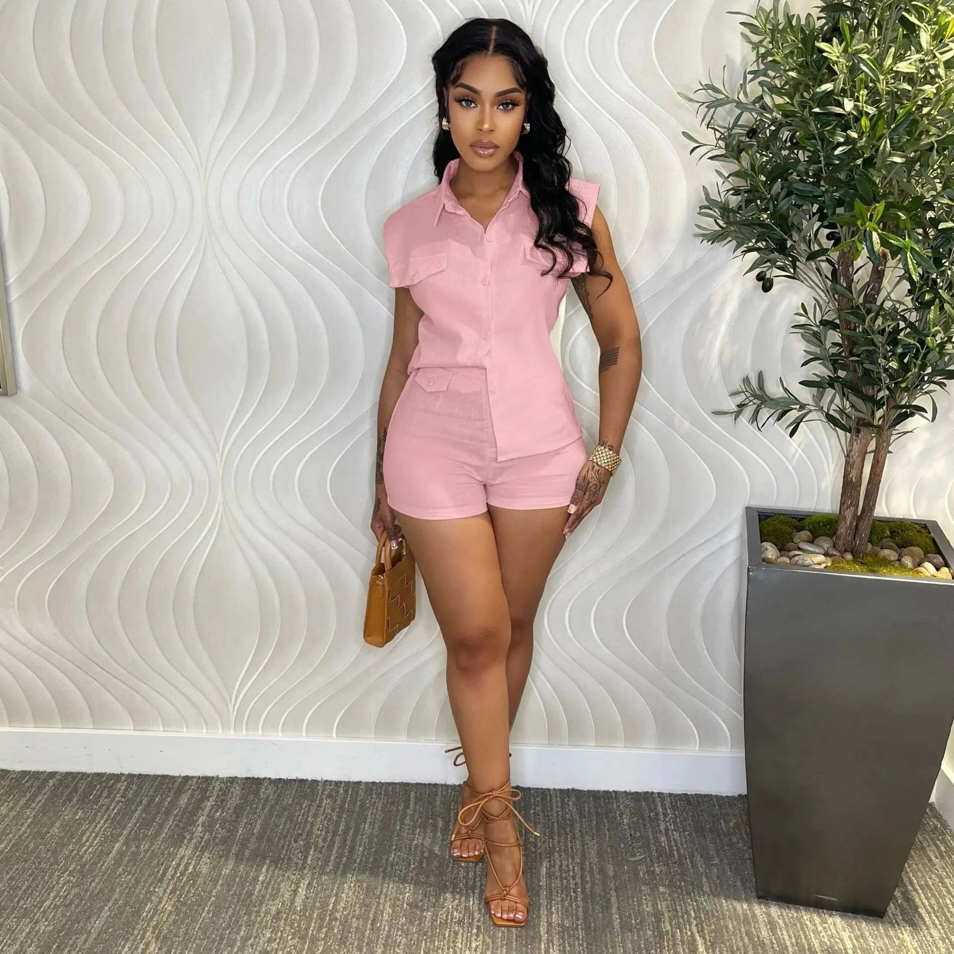 Bomblook C320ST01 Cotton and linen Outfits Solid Color Shirt And Tight Shorts Set Women Casual Suits Women Sets 2024