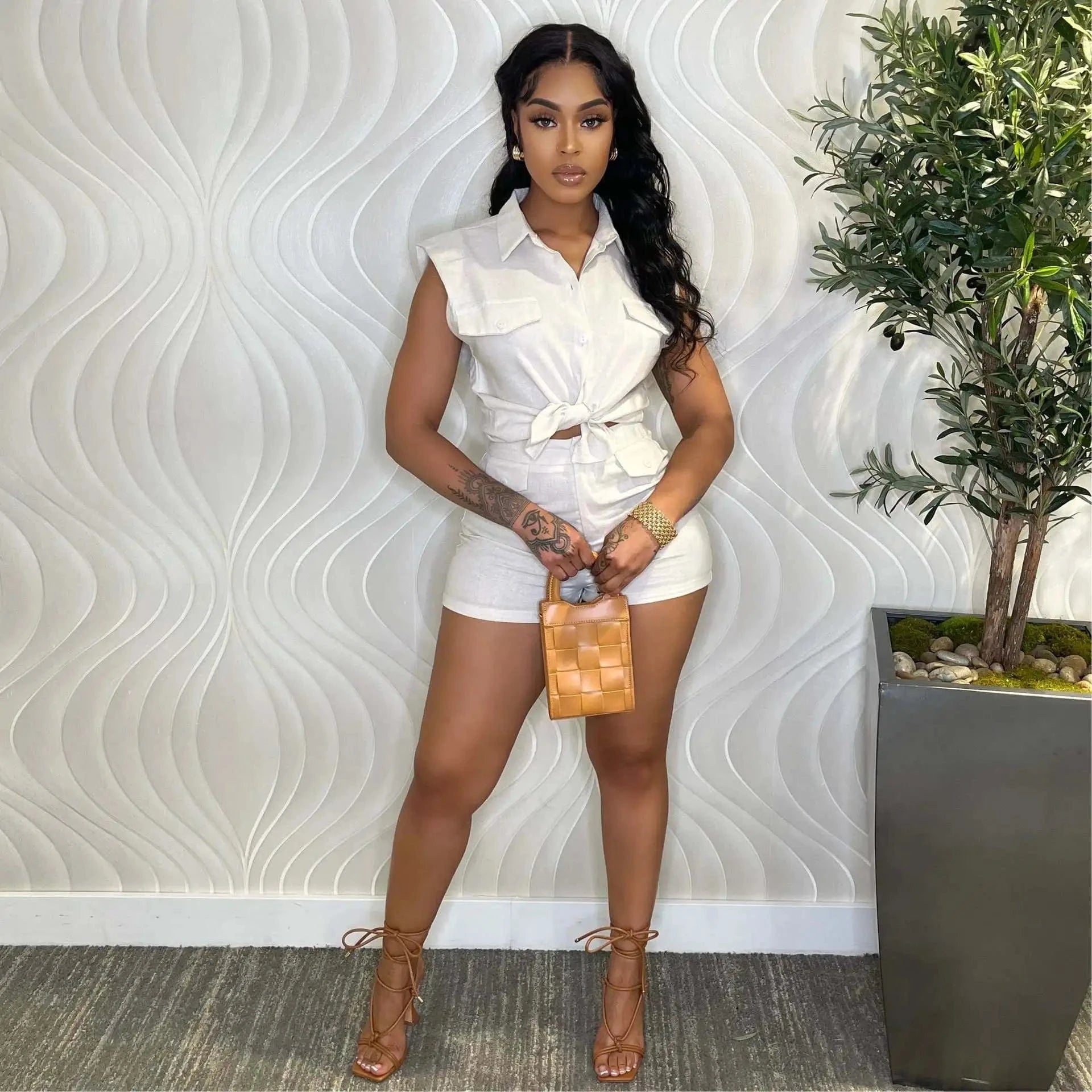 Bomblook C320ST01 Cotton and linen Outfits Solid Color Shirt And Tight Shorts Set Women Casual Suits Women Sets 2024