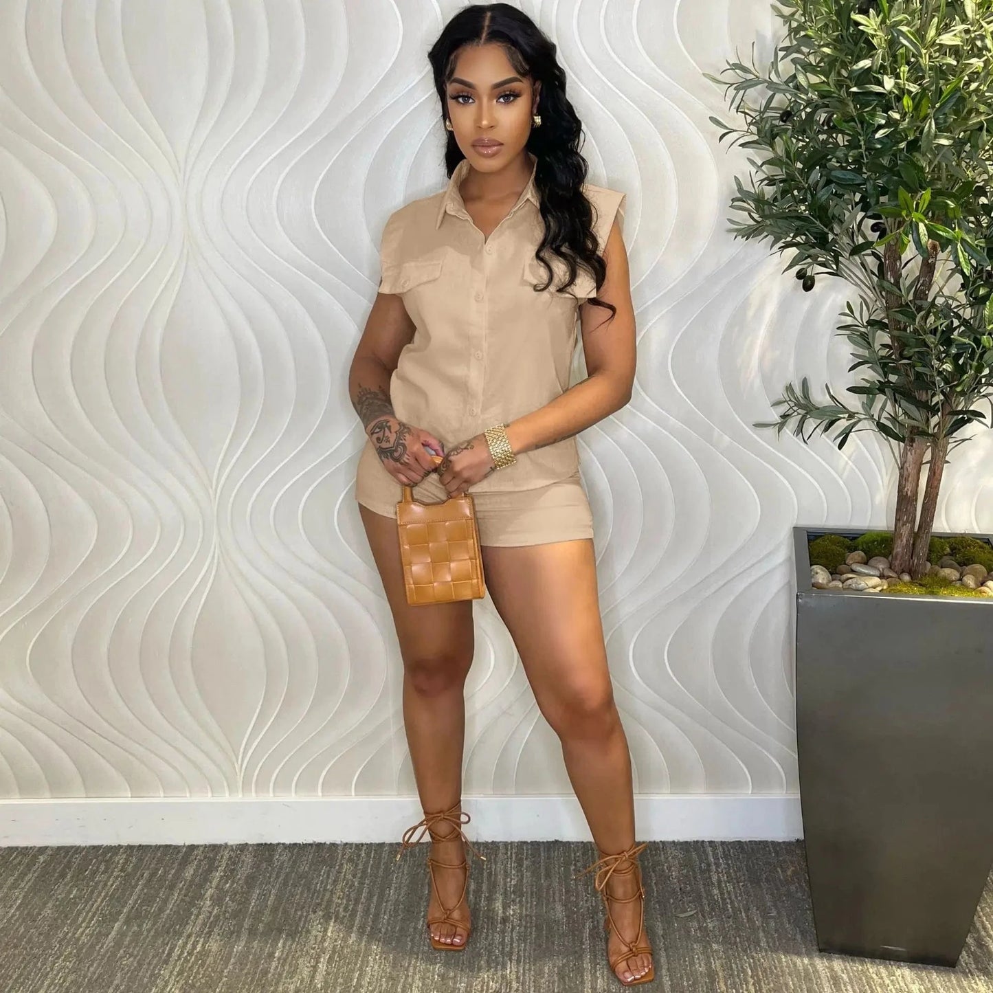 Bomblook C320ST01 Cotton and linen Outfits Solid Color Shirt And Tight Shorts Set Women Casual Suits Women Sets 2024