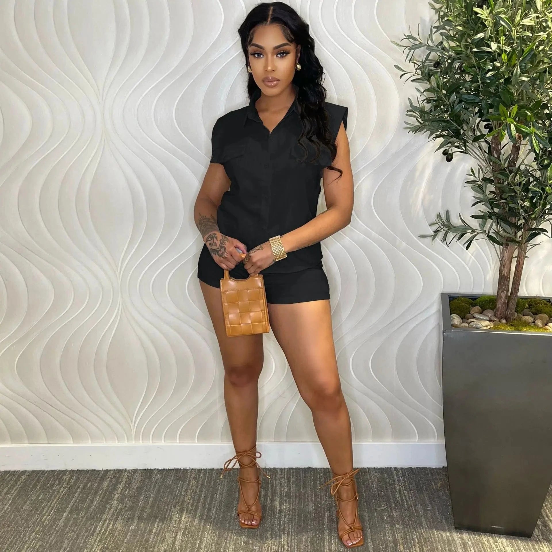 Bomblook C320ST01 Cotton and linen Outfits Solid Color Shirt And Tight Shorts Set Women Casual Suits Women Sets 2024