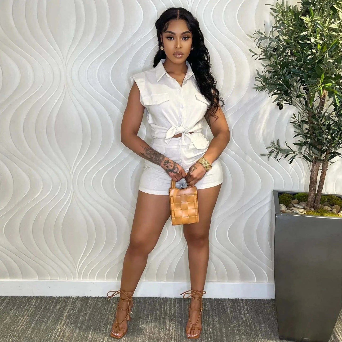 Bomblook C320ST01 Cotton and linen Outfits Solid Color Shirt And Tight Shorts Set Women Casual Suits Women Sets 2024