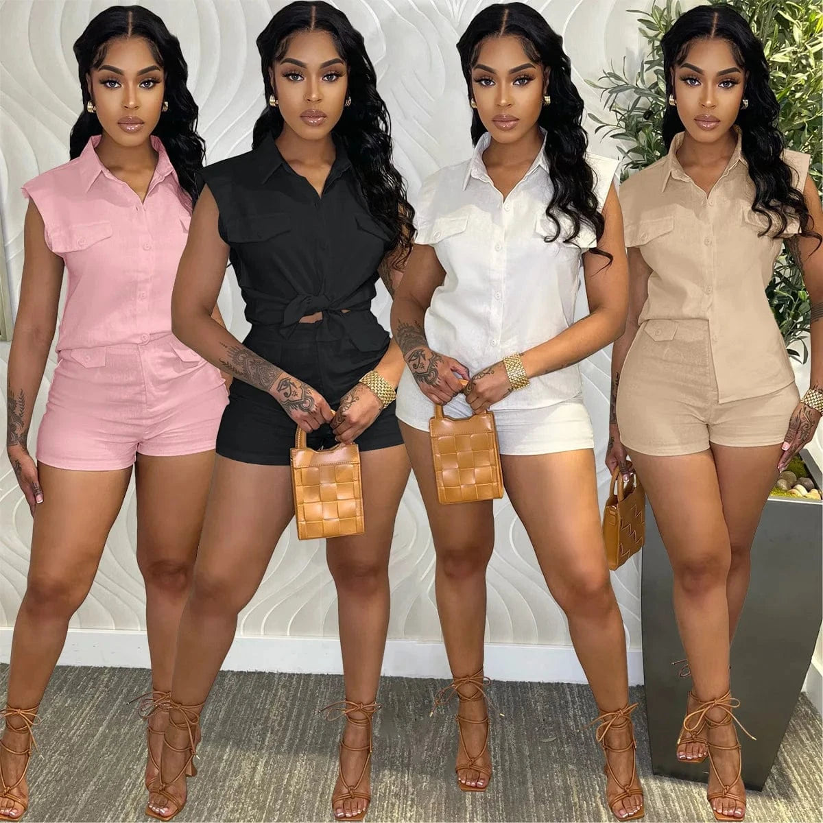 Bomblook C320ST01 Cotton and linen Outfits Solid Color Shirt And Tight Shorts Set Women Casual Suits Women Sets 2024