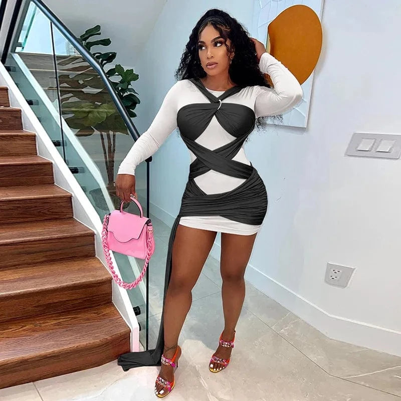 Bomblook C321DS01 Spring 2024 New Patchwork Long Sleeve Sexy Mini Dress With Bandage Bodycon Streetwear Elegant Dresses Women
