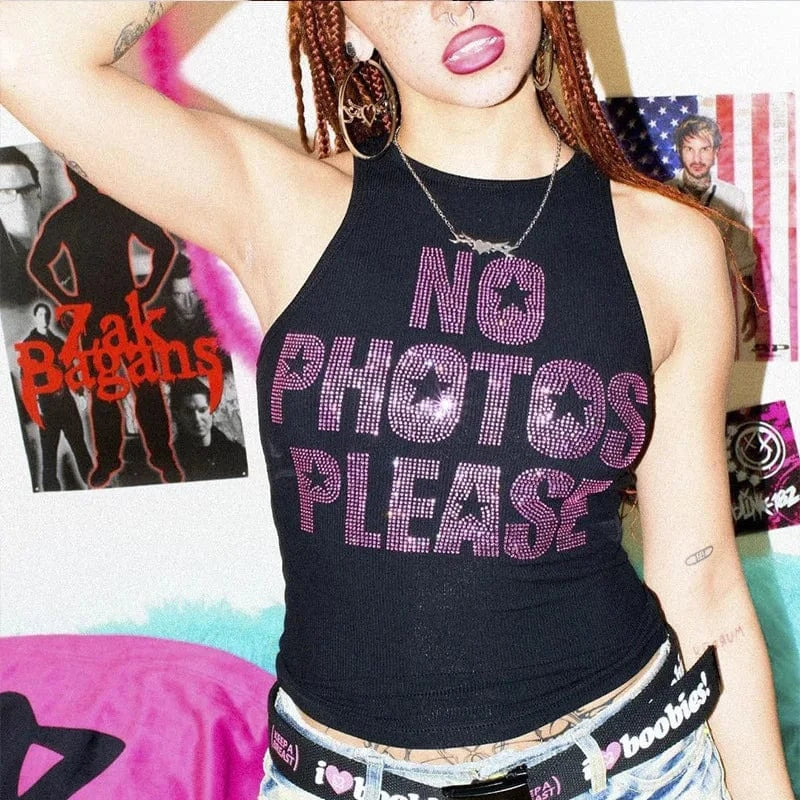 Bomblook C323TP01 Fashion Letter Rhinestone Top Slim Fit Patchwork Summer Tank Top 2024 Baby Tees