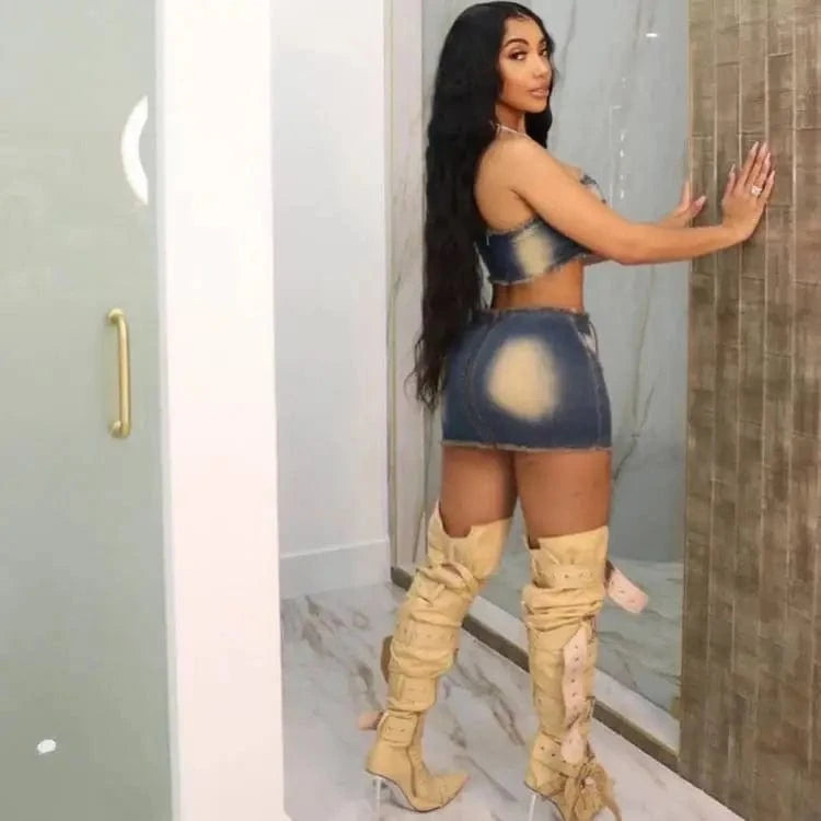 Bomblook C325ST Fashion Denim Tube Top With Belt New Design Outfits Streetwear 2 Piece Belt Skirts Set Women Summer 2024