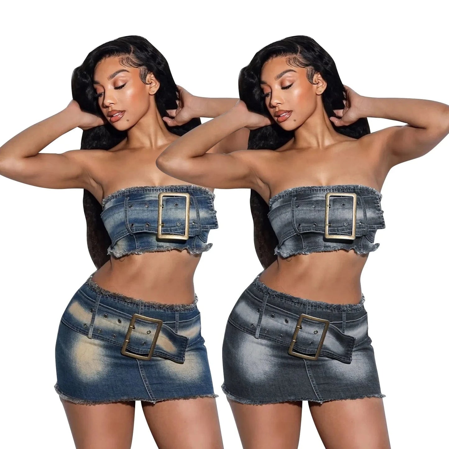 Bomblook C325ST Fashion Denim Tube Top With Belt New Design Outfits Streetwear 2 Piece Belt Skirts Set Women Summer 2024