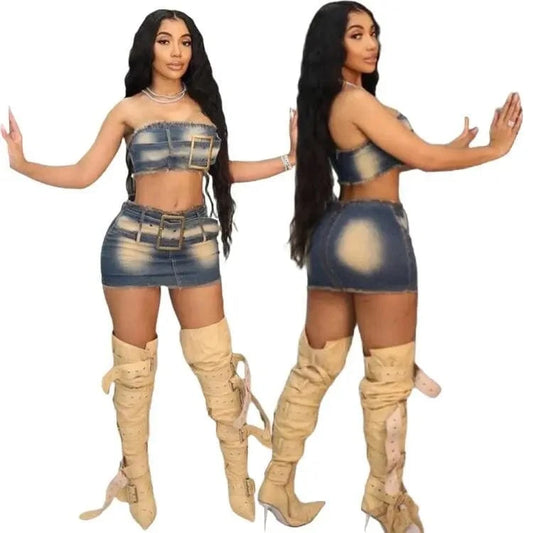 Bomblook C325ST Fashion Denim Tube Top With Belt New Design Outfits Streetwear 2 Piece Belt Skirts Set Women Summer 2024