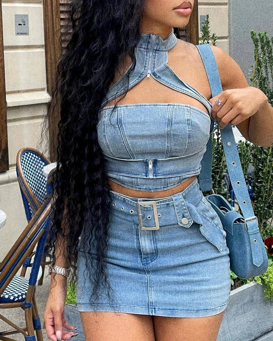 Bomblook C413ST04 Tracksuit Denim Halter Tank Top New Design Outfits Streetwear 2 Piece Cargo Skirt With Belt Women Summer
