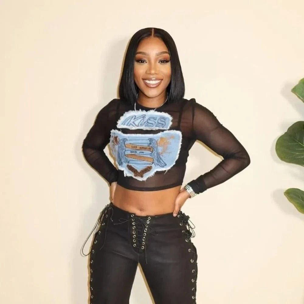 Bomblook C420TP01 2024 Spring Denim Pattern Print T Shirt Mesh Crop Top Women Tees Ladies Casual Ladies Y2K Tees