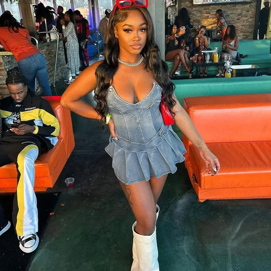 Bomblook C422DS Deep V Neck Denim Mini Dress Bodycon Summer Sexy Club Party Stretchy Striped Strapless Dresses For Women 2024