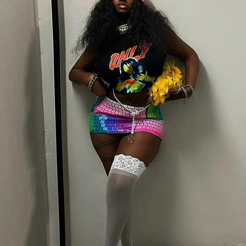 Bomblook C423ST Pattern Print Top With Keyboard Skirt Streetwear Tweed Set 3D Print 2 Piece Set Women Summer 2024 Suits