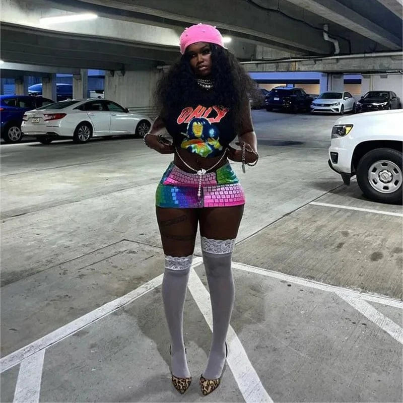 Bomblook C423ST Pattern Print Top With Keyboard Skirt Streetwear Tweed Set 3D Print 2 Piece Set Women Summer 2024 Suits