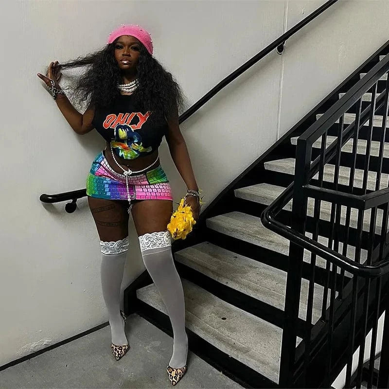 Bomblook C423ST Pattern Print Top With Keyboard Skirt Streetwear Tweed Set 3D Print 2 Piece Set Women Summer 2024 Suits