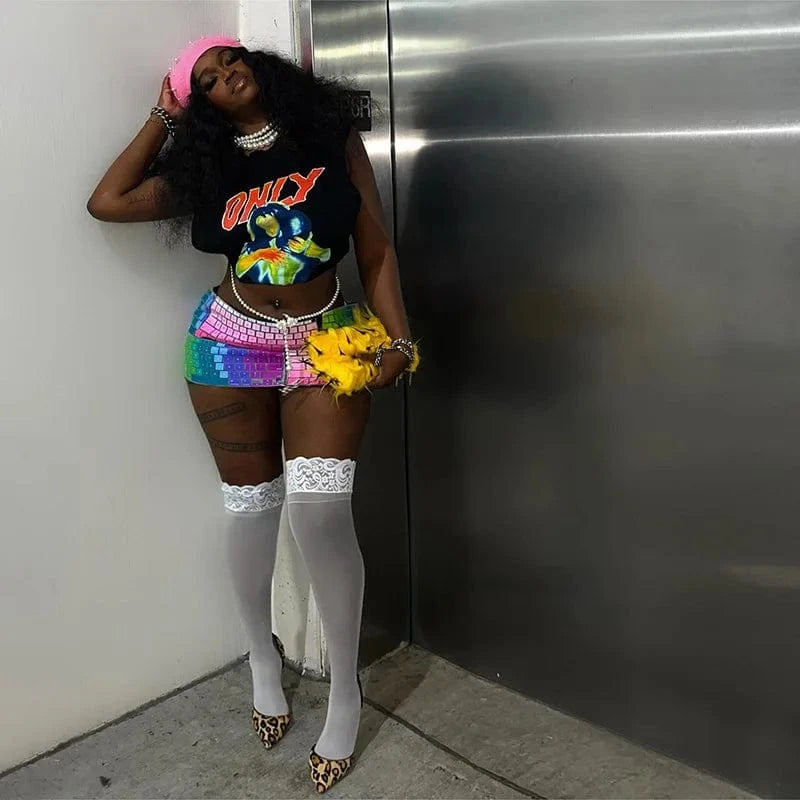 Bomblook C423ST Pattern Print Top With Keyboard Skirt Streetwear Tweed Set 3D Print 2 Piece Set Women Summer 2024 Suits