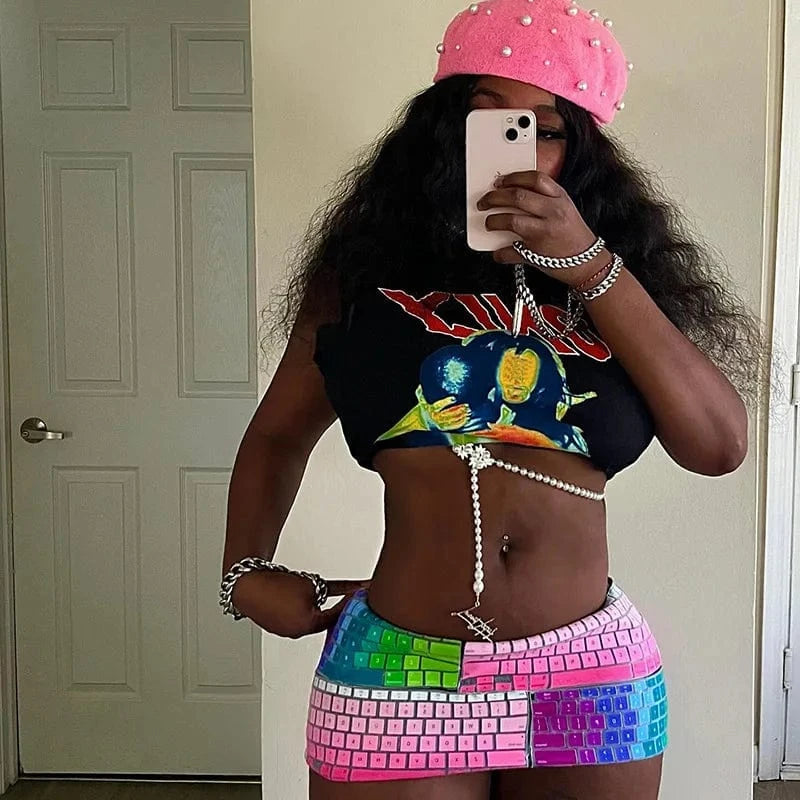 Bomblook C423ST Pattern Print Top With Keyboard Skirt Streetwear Tweed Set 3D Print 2 Piece Set Women Summer 2024 Suits