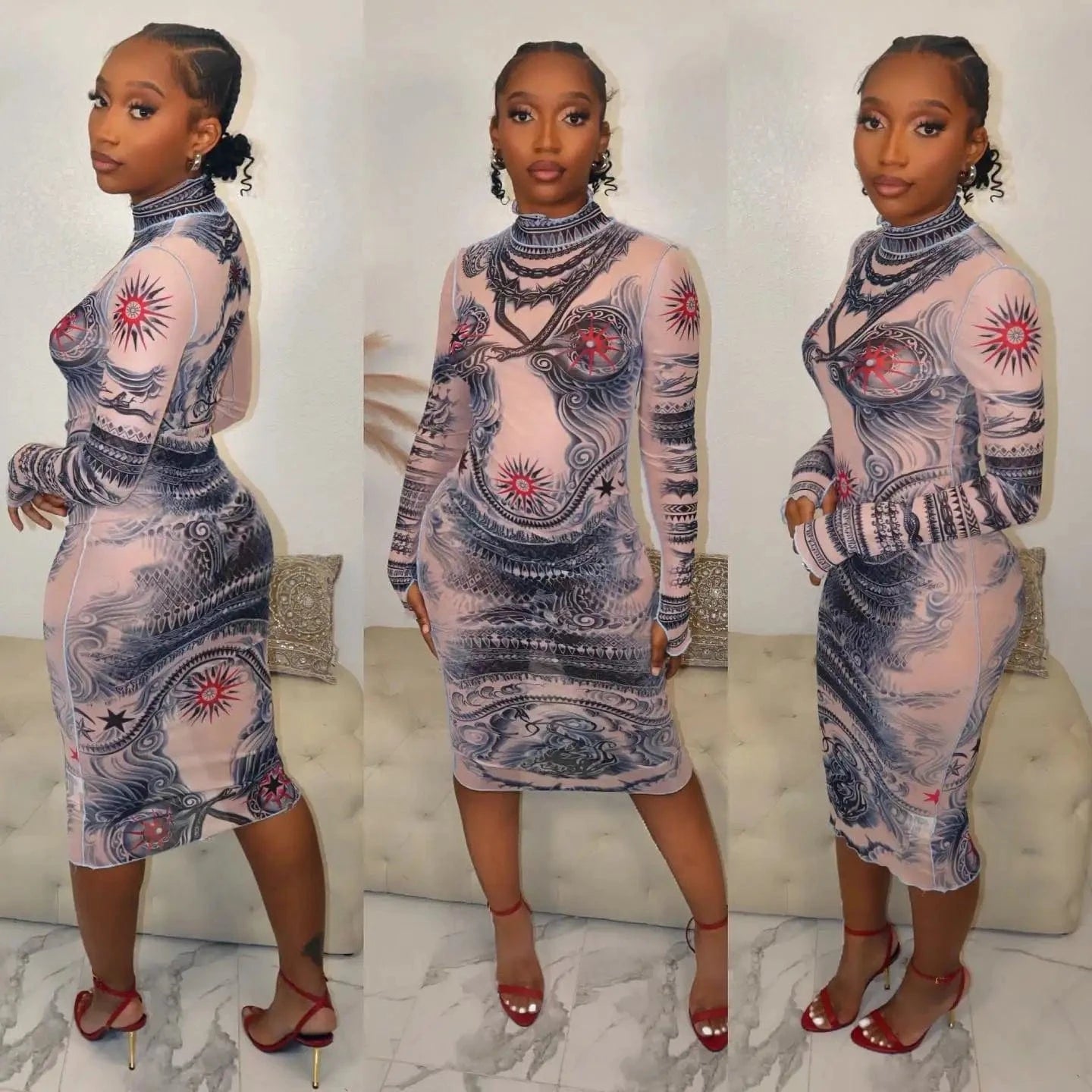 Bomblook C428DS Midi Outfits Stand Collar Spring Mesh Dress Bodycon Sexy Brand Print Dress For Women Slim See Through Dresses