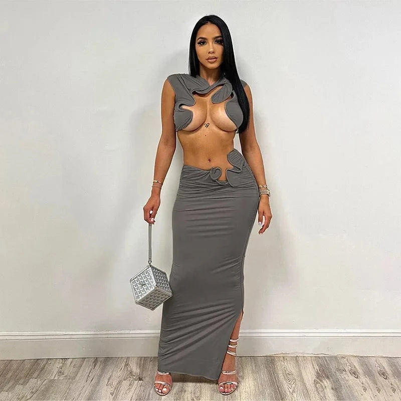 Bomblook C428ST02 Fashion 3D Boning Floral Top Solid Outfits Streetwear 2 Piece Maxi Skirt Set Women Summer Evening Wear 2024